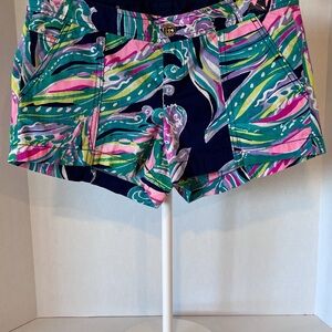 Lilly Pulitzer Navy Shorts with Pink, Green & Teal Tropical Print